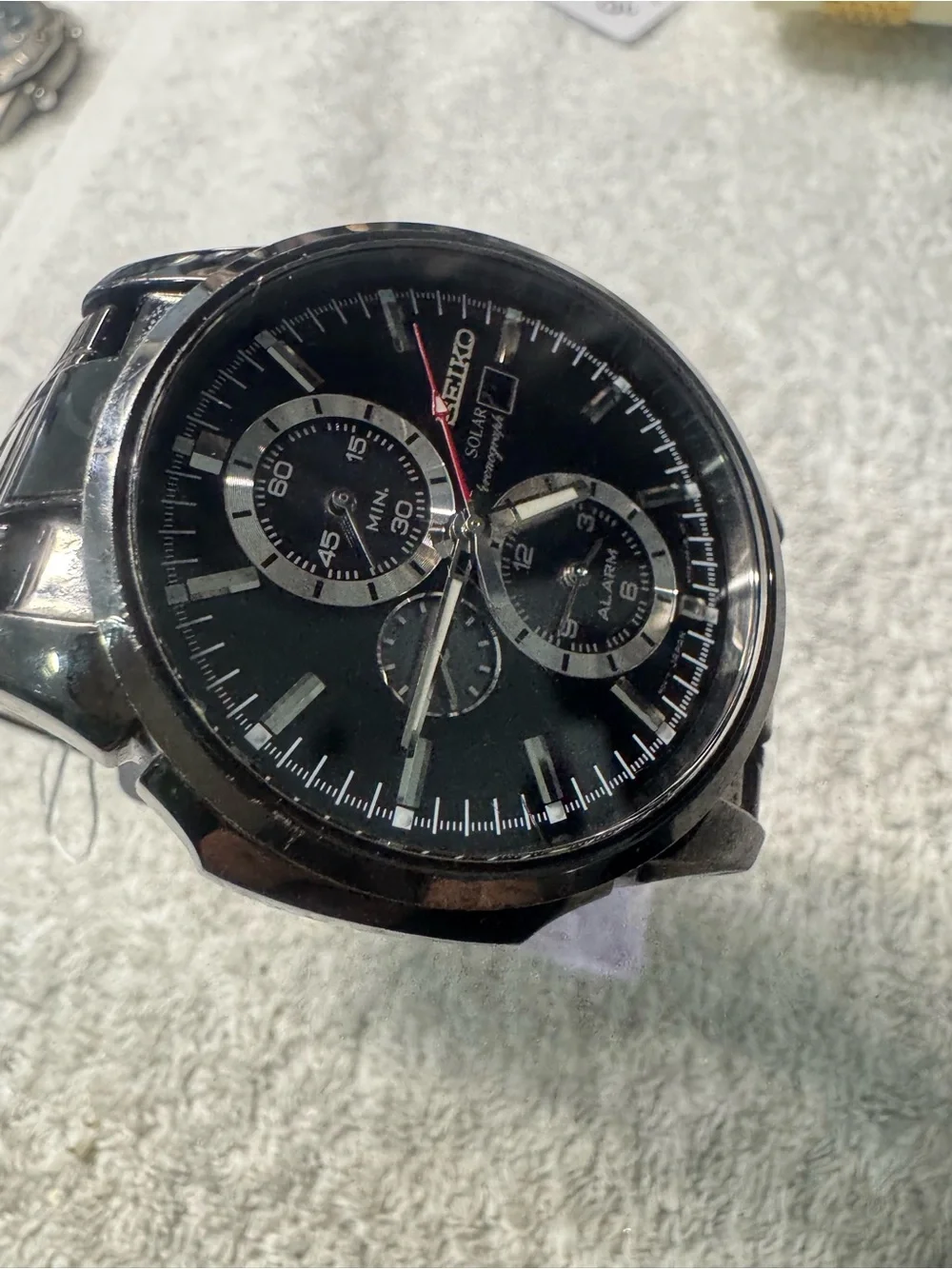 Seiko Black Dial Solar Chronograph Watch with Red Seconds Hand